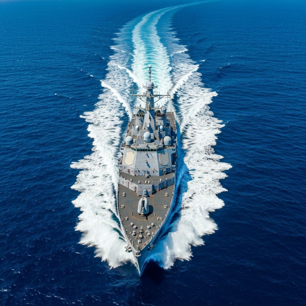 Modern naval destroyer at sea